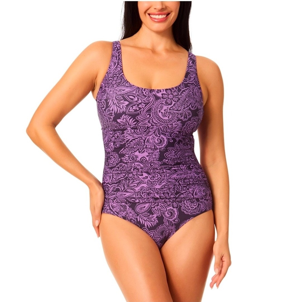 LandsEnd Purple Paisley One Piece Swimsuit UPF50 Ruched Hook Back XS 1956311 NWT - Picture 1 of 16